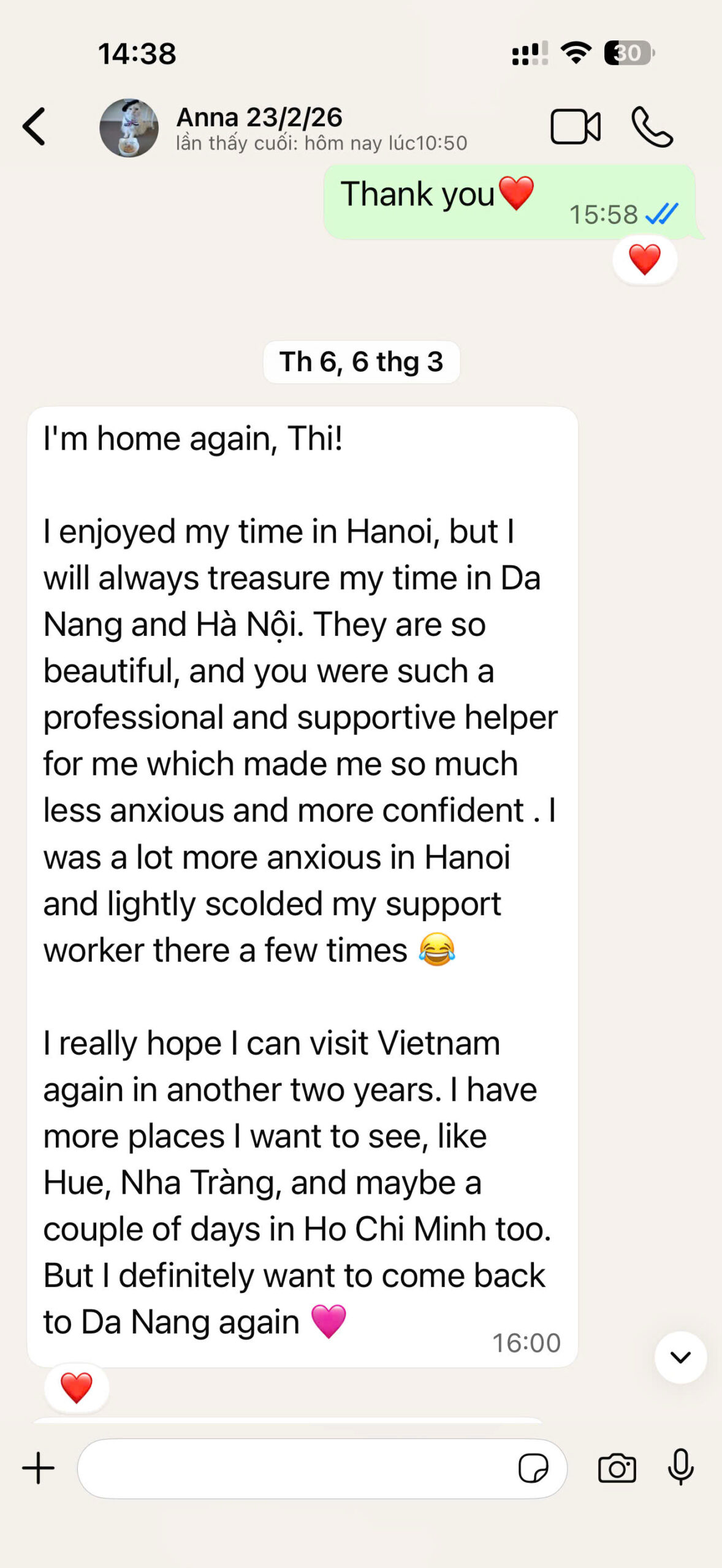Anna message about feeling supported with Annie during a private Hoi An and Central Vietnam journey