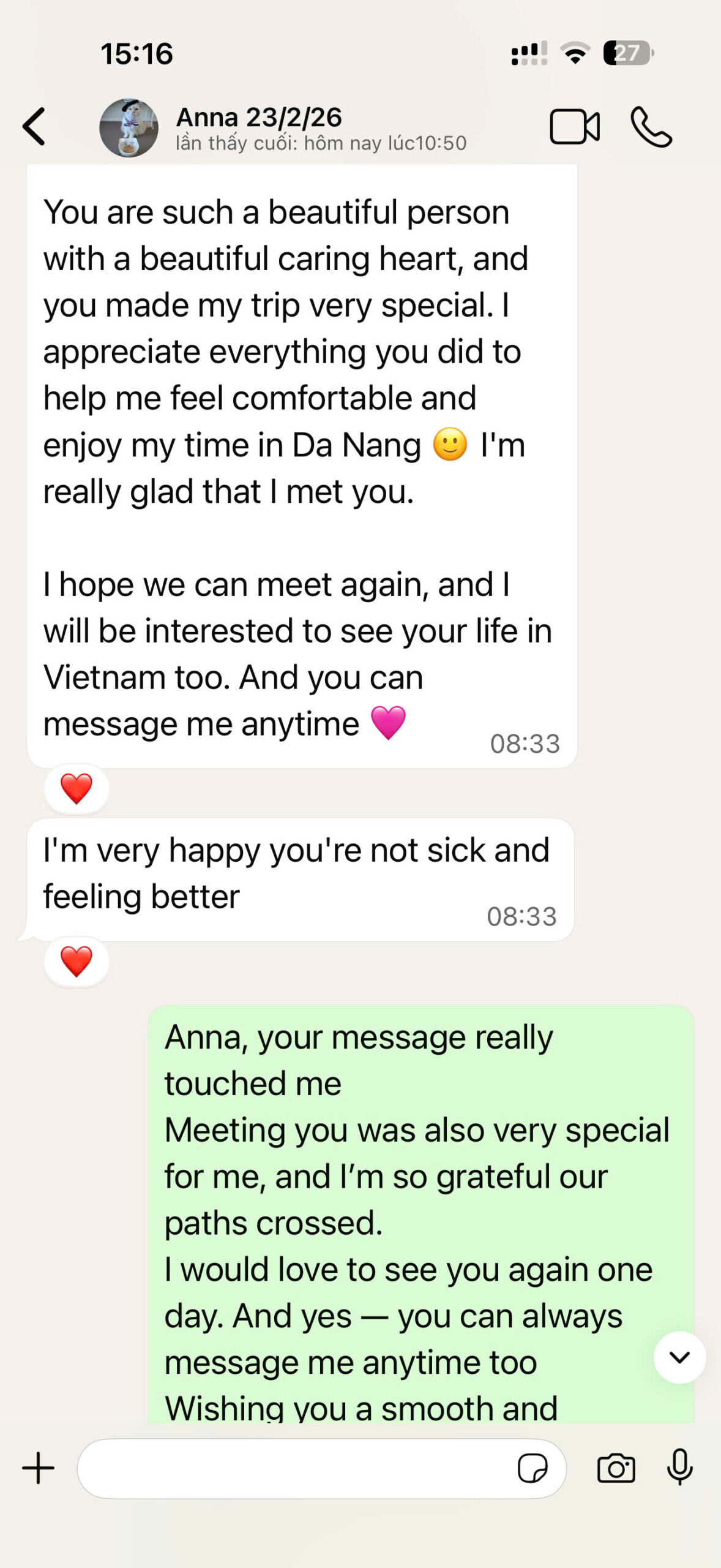 WhatsApp message from Anna thanking Annie for caring private Hoi An and Central Vietnam support